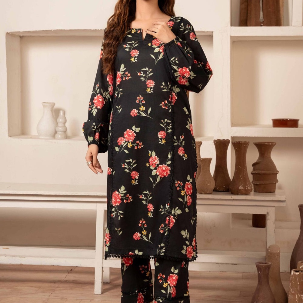 Pakistani Indian Desi Outfit Black Floral Co Ord Set - Elegant Floral print
